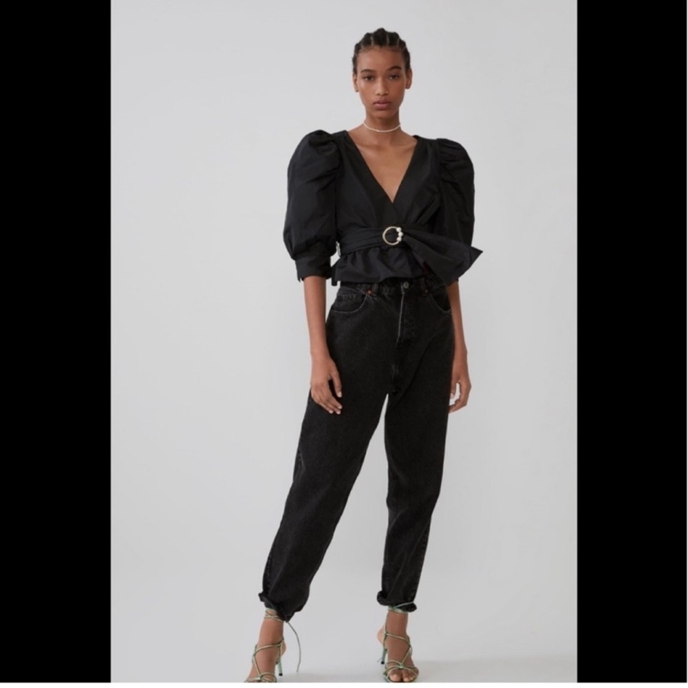 Zara Black Puff Sleeve Wrap Top with Pearl-Accent Belt - Picture 6 of 15